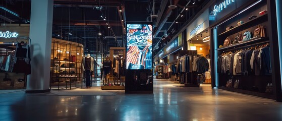 A luxurious shopping interior with ambient lighting, showcasing modern architecture and a sophisticated urban atmosphere for retail businesses