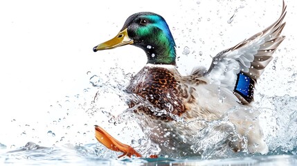 A mallard duck is captured in mid-stride as it emerges from the water, wings spread wide. The water droplets around it glisten in the sunlight.