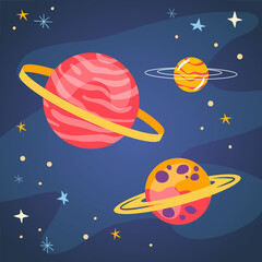 Naklejka premium Vector illustration of planets with rings and stars in a dark outer space background, cartoon style, ideal for educational and decorative use, perfect for kids' design