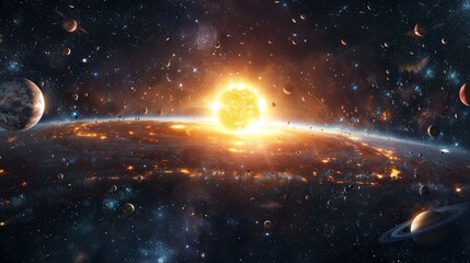 Obraz premium A Glowing Sun Illuminates A Distant Planetary System With Multiple Moons