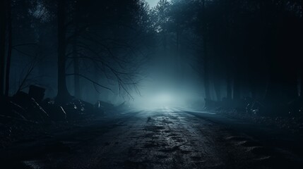Obraz premium Fog In Spooky Forest At Moon Light On Asphalt - Abstract Bokeh.