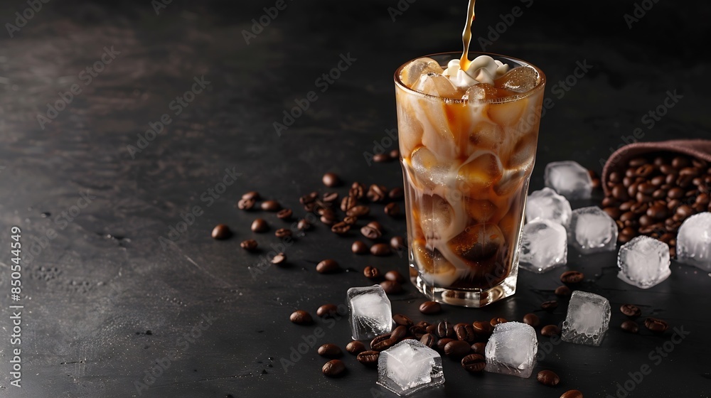Aufkleber Ice coffee in a tall glass with cream poured over ice cubes and beans on a dark concrete table Cold summer drink with tubes on a black background with copy space : Generative AI