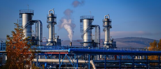 A nuclear power plant with towering chimneys emitting smoke into the sky, illustrating the industrial aspect and environmental impact of energy production