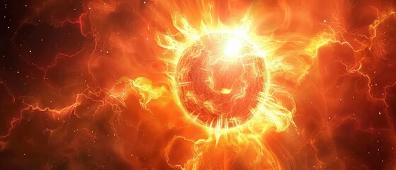 Obraz premium dynamic illustration of light and energy, featuring a fiery explosion of orange hues and glowing textures, evoking the power and beauty of the sun