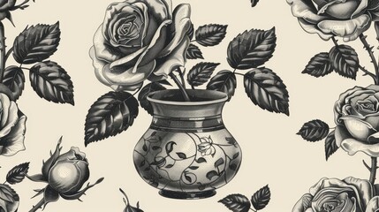  Seamless Pattern with Hand Drawn Blooming Roses in Vintage Vase 