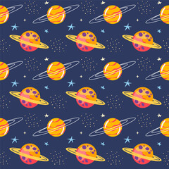 Colorful seamless vector pattern featuring planets and stars on a dark background, cartoon style, ideal for children's designs.