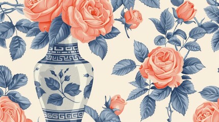  Seamless Pattern with Hand Drawn Blooming Roses in Vintage Vase 
