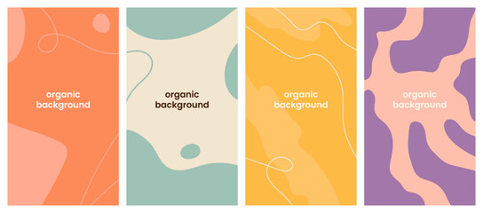 Vector set of abstract creative backgrounds in minimal organic style with space for text. Contemporary templates for social media stories. Simple, stylish and colorful wallpaper designs.