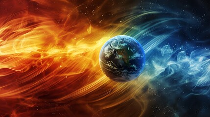 A digital painting of the Earth, split in half between fire and ice. The fire side is a swirling vortex of red and orange, while the ice side is a cool blue and white.