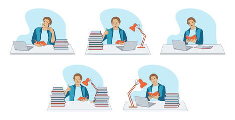 Set of students in different situations sitting at the table. With books, laptop, lamp. Reading, showing thumb. 