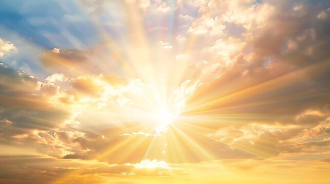 majestic morning colorful sunlight brush in air heavenly light reflected on fluffy clouds in golden time bright sun beams rays over panoramic view in summer gorgeous season freedom n p : Generative AI