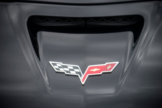 Mulhouse - France - 9 June 2024 - Closeup of corvette logo on the front of black car parked in the street