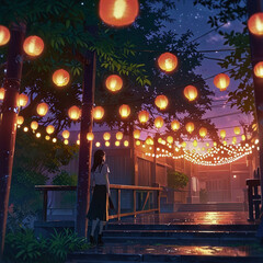 Obraz premium Illuminating the Night: Tanabata's Mesmerizing Lanterns Experience the captivating beauty of illuminated lanterns drifting gracefully, marking the festive spirit of Tanabata in Japan