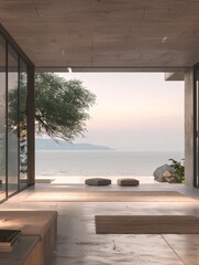 Fototapeta premium Minimalist style with frameless windows, the tranquility of the ocean landscape outside