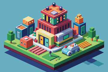 A 3D model of a modern cityscape with a police car, featuring bright colors and a playful style, 3d modeling Customizable Disproportionate Illustration
