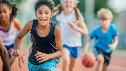 Enthusiastic children engaging in physical education and sports training during PE classes at school. Active kids participating in fitness activities and team sports to promote health and teamwork.