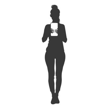 Woman Silhouette, Bun Hairstyle, Phone Focus, Full Length Figure.