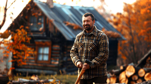 male carpenter splitting firewood for winter, muscular male woodcutter and sharp axe during daytime in dry forest area
