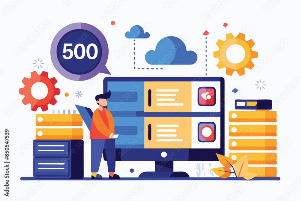 Poster a colorful flat illustration of a person standing in front of a computer screen displaying a 500 int