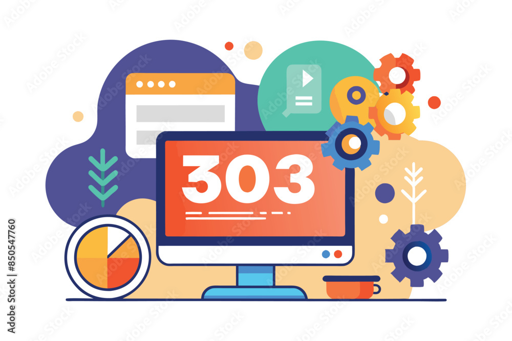 Poster illustration of a computer screen with a 303 error code, surrounded by gears and abstract shapes, 50