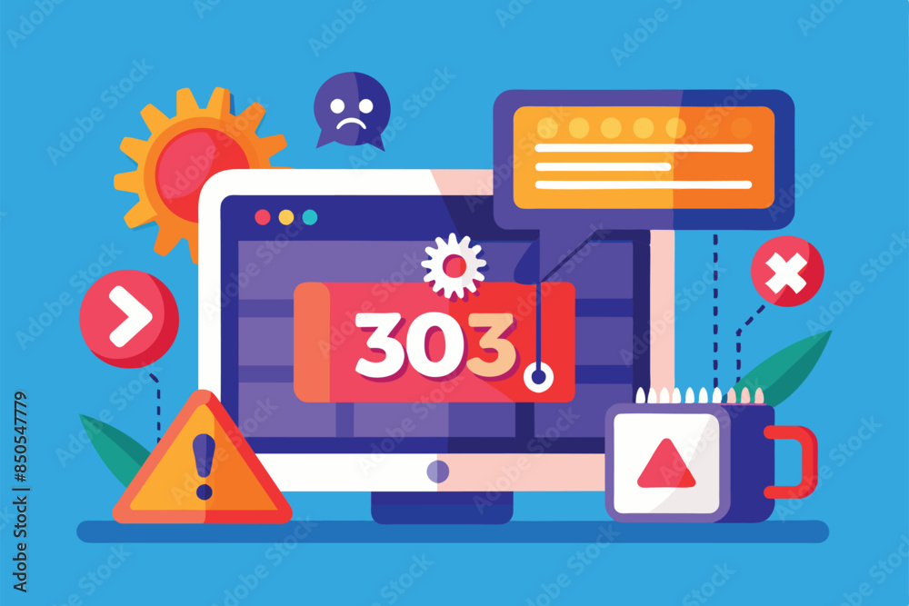 Poster an illustration showing a computer screen displaying an error code 303 with a sad face and an exclam