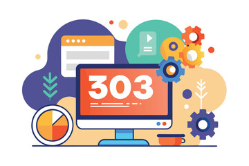 Illustration of a computer screen with a 303 error code, surrounded by gears and abstract shapes, 503 error service unavailable Customizable Flat Illustration