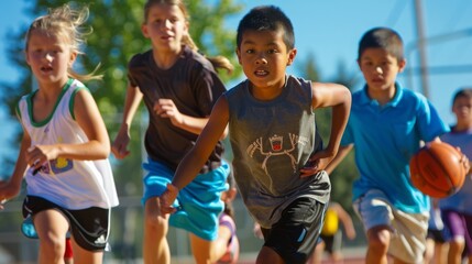Enthusiastic children engaging in physical education and sports training during PE classes at school. Active kids participating in fitness activities and team sports to promote health and teamwork.