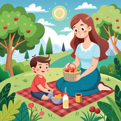 A mother and son are enjoying a picnic in a park on a sunny day, A beautiful drawing of a mother and child enjoying a picnic in the park