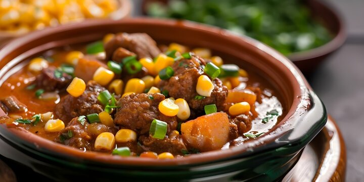Argentine locro stew with corn meat and green onions hearty and traditional. Concept Argentine cuisine, Locro stew, Traditional recipes, Hearty meals, Corn and meat dish