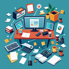 A chaotic, cluttered office desk with a desktop computer, a keyboard, and various office supplies scattered around, A cluttered workspace with a desktop computer and scattered papers