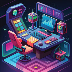 A futuristic desk with a holographic computer screen, keyboard, and other technological gadgets, A futuristic desk with holographic computer screens © Iftikhar alam
