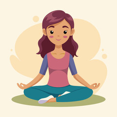 A cartoon illustration of a young woman sitting in a lotus position with a calm expression, A girl in a simple lotus position, with a calm and focused expression on her face