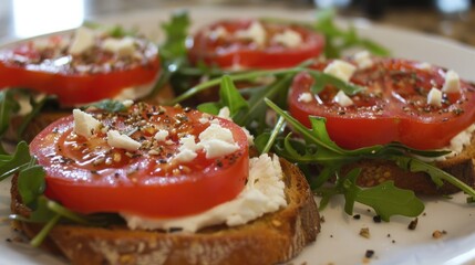 Tomato slices Feta cheese and arugula served on toasted bread