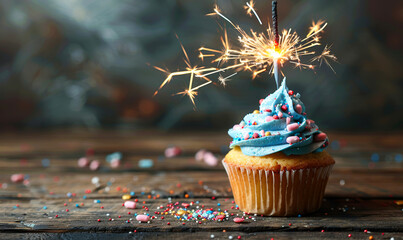 Celebratory Cupcake with Sparkling Candle, Festive Party Dessert on Rustic Wooden Background
