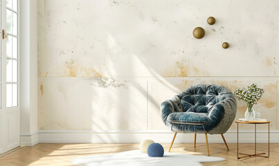 Natural Light-Filled Interior: Vintage Chic Living Room with Plush Tufted Blue Velvet Chesterfield Sofa, Golden Sphere Wall Decor, Stylish Industrial Side Table - Bohemian Modern Home Design