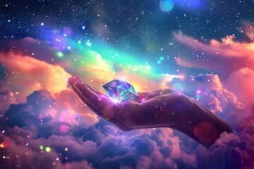 Obraz premium A stunning night sky filled with stars above, with vibrant rainbow-colored clouds below