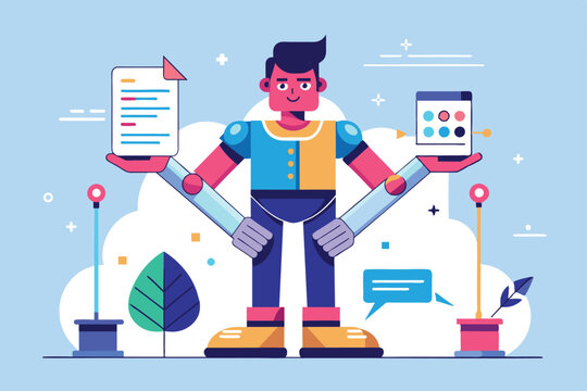 robot holding documents and phone, flat design clip art preview