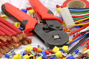 Tools for the installation of electrical panels. Close-up. Soft focus.