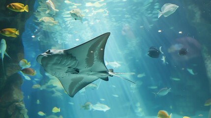 Gazing thru the glass panel of a giant aquarium in Pingtung Taiwan tourists get mesmerized by the scene of huge stingrays swimming elegantly among beautiful fish in the mysterious unde : Generative AI