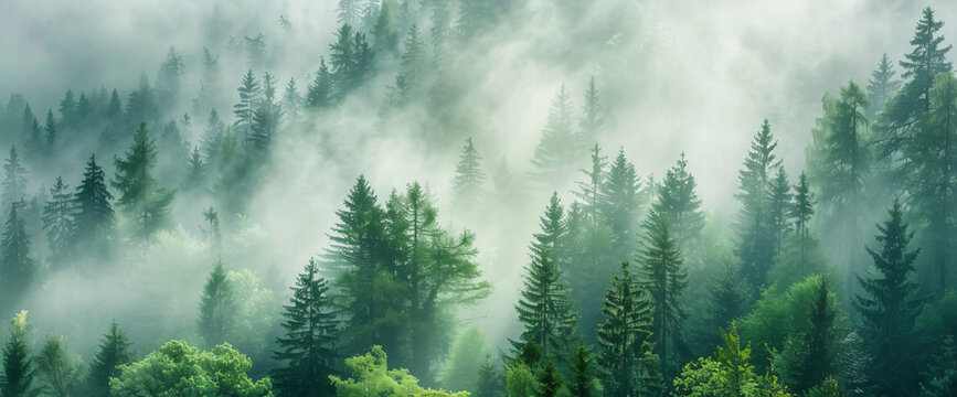Fototapeta Misty forest landscape with pine trees and fog in the air, panoramic view   