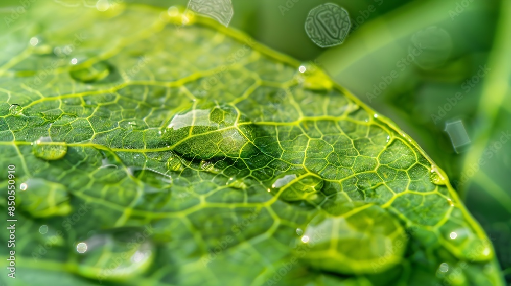 Poster large beautiful drops of transparent rain water on a green leaf macro drops of dew in the morning gl
