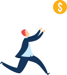 Man chasing floating dollar coin concept pursuit wealth. Businessman running after money success financial goals motivation. Cartoon character suit reaching currency symbol savings investment