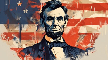 Illustration of Abraham lincoln stands in front of the American flag.