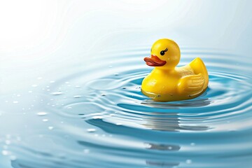 Yellow rubber duck floating on rippling blue water surface with soft lighting. Minimalist, playful vibe perfect for children-themed designs, advertisements, and websites. Generative AI