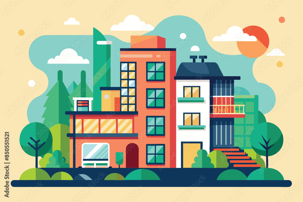 Canvas Prints A flat illustration of a colorful apartment building with greenery and a sunny sky, Apartment rent Customizable Flat Illustration