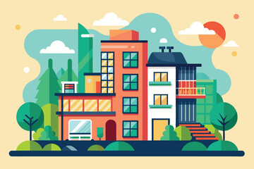 A flat illustration of a colorful apartment building with greenery and a sunny sky, Apartment rent Customizable Flat Illustration