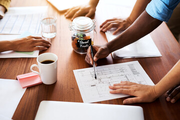 Hands, business people and blueprint design for architecture, writing and floor plan in meeting. Office, document and tech with collaboration, teamwork and paper for engineering and architect project
