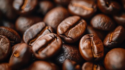 Close-up of roasted coffee beans, showcasing their intricate textures and vibrant hues.