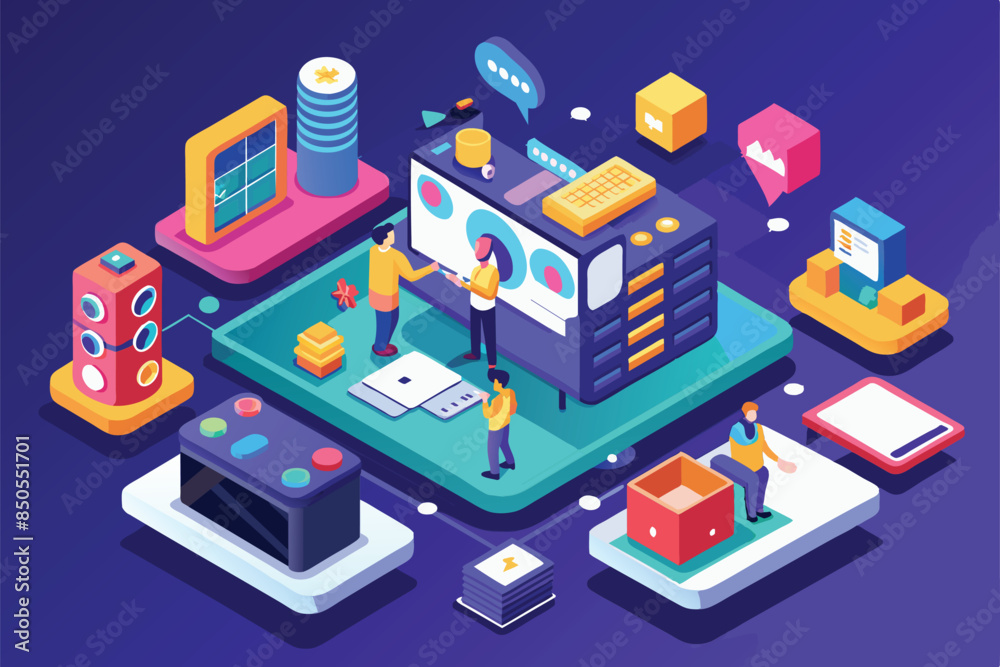Poster isometric illustration depicting a team of developers working on a project in a colorful and modern 