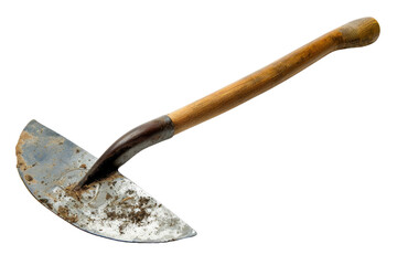 Close-up of a rustic metal hoe with a wooden handle isolated on white background, perfect for farm and gardening tools collection.